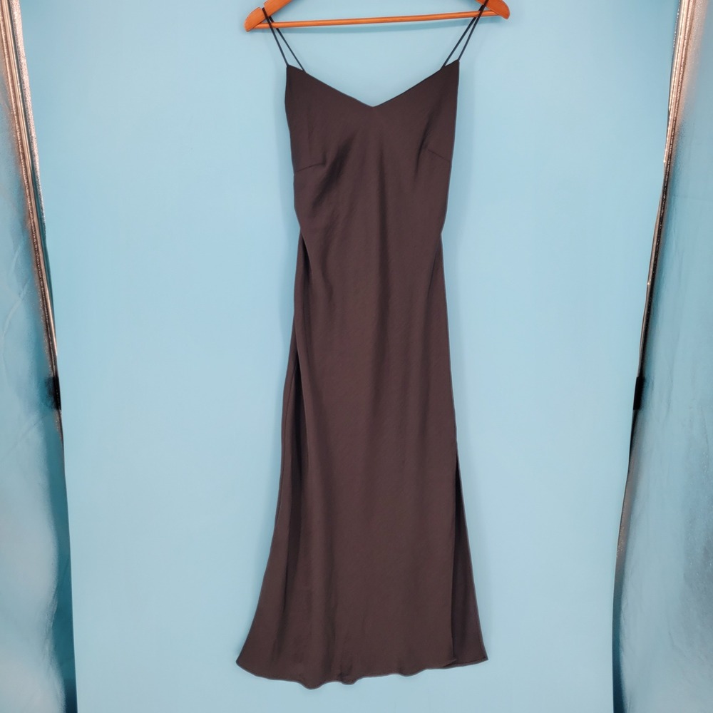 Fabletics Slip Dress Women XS Black Satin Maxi Open Back Slit athletic comfort